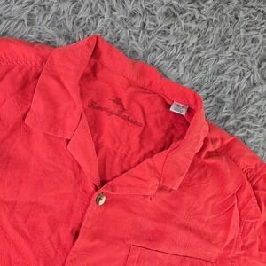 Tommy Bahama Men M Coral Red Silk Tonal Tropical Palm Jacquard Camp Shirt
